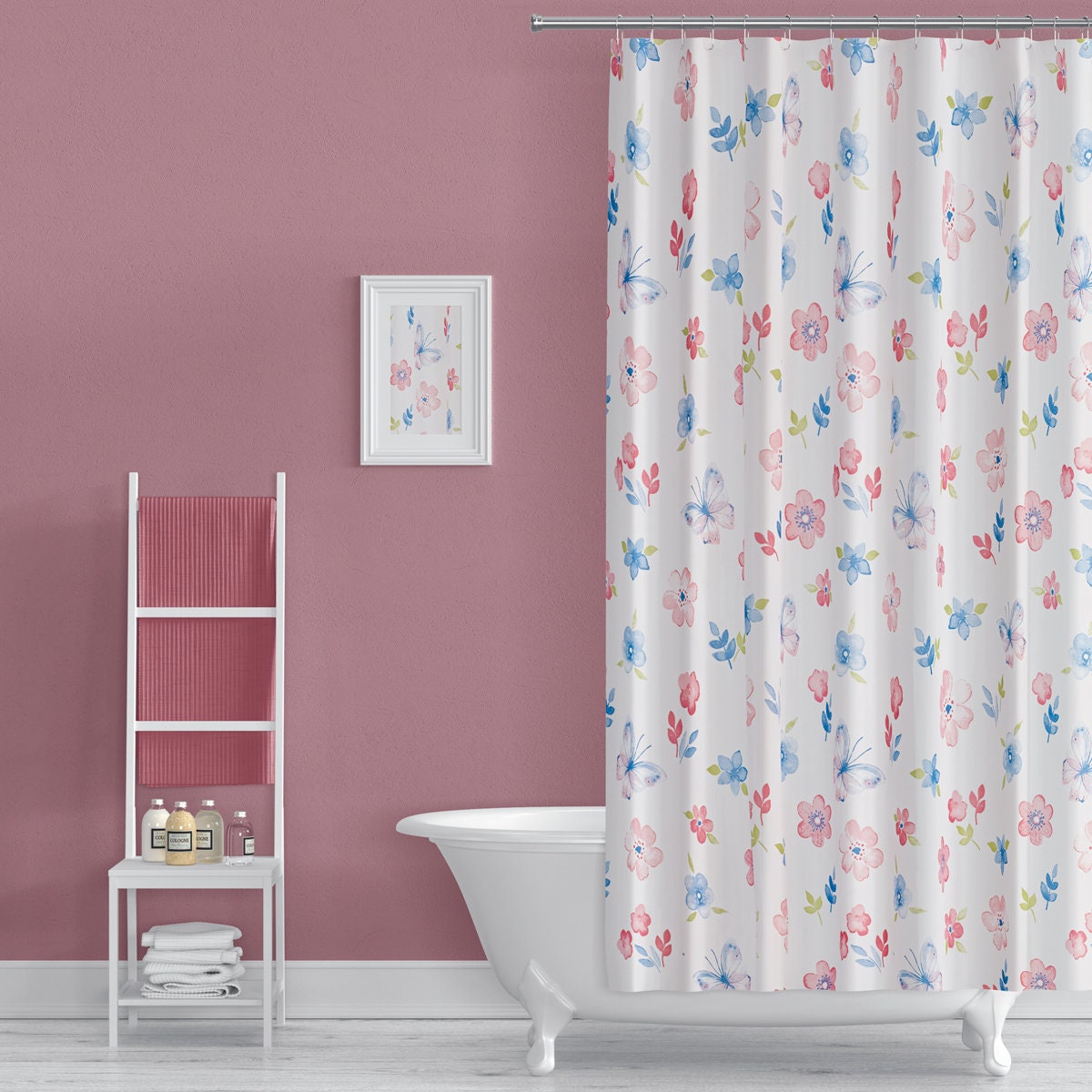 Daisy And Butterfly Print Shower Curtain For Bathroom Decor