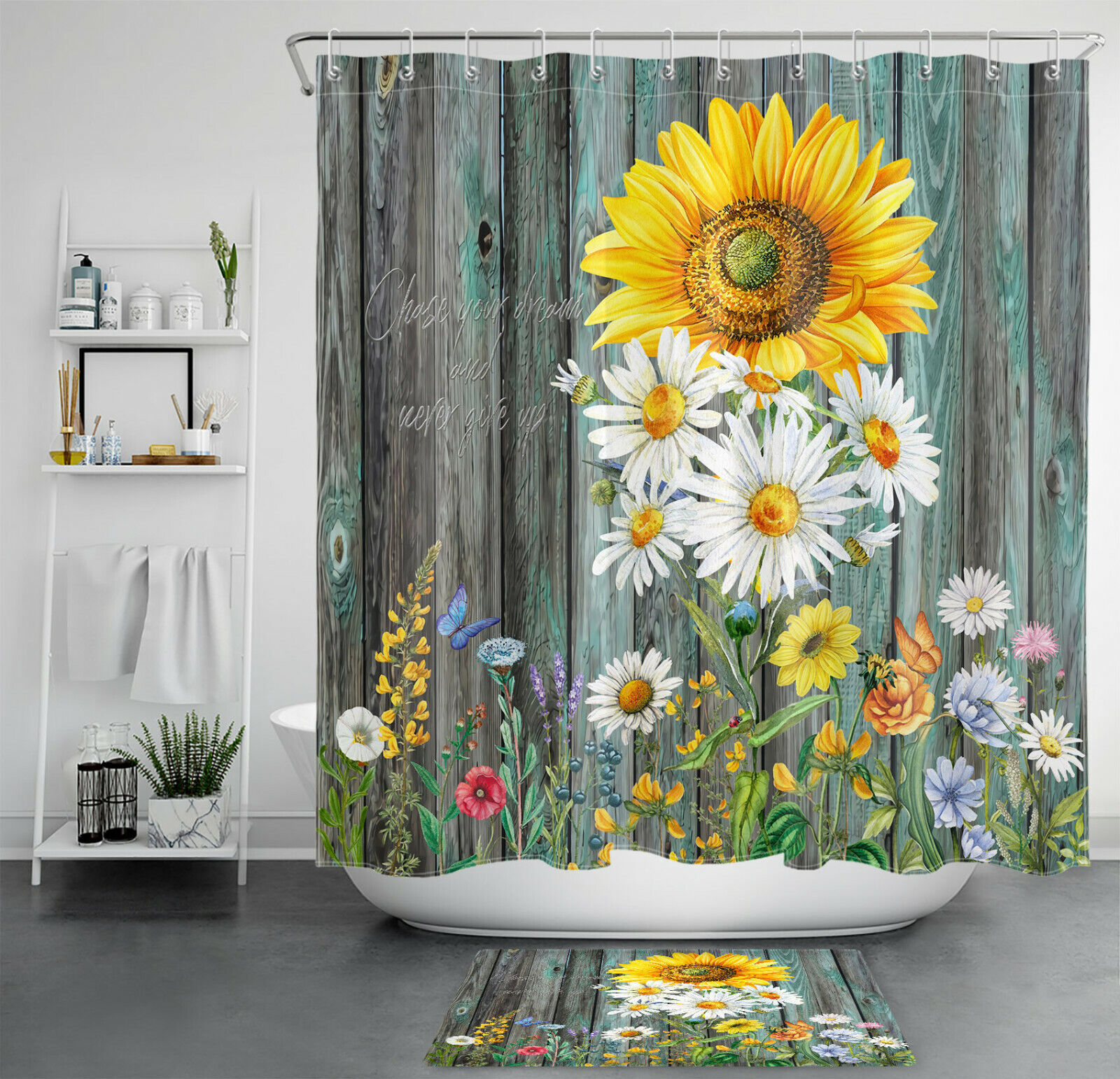 Daisy And Sunflower Rustic Board Shower Curtain For Colorful Bathroom Decor