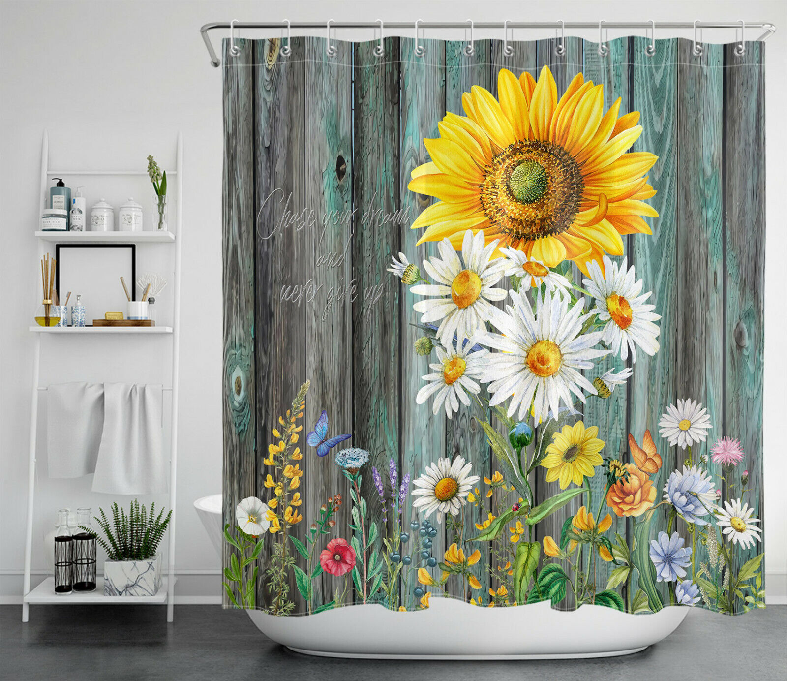 Daisy And Sunflower Rustic Board Shower Curtain For Colorful Bathroom Decor - Image 2