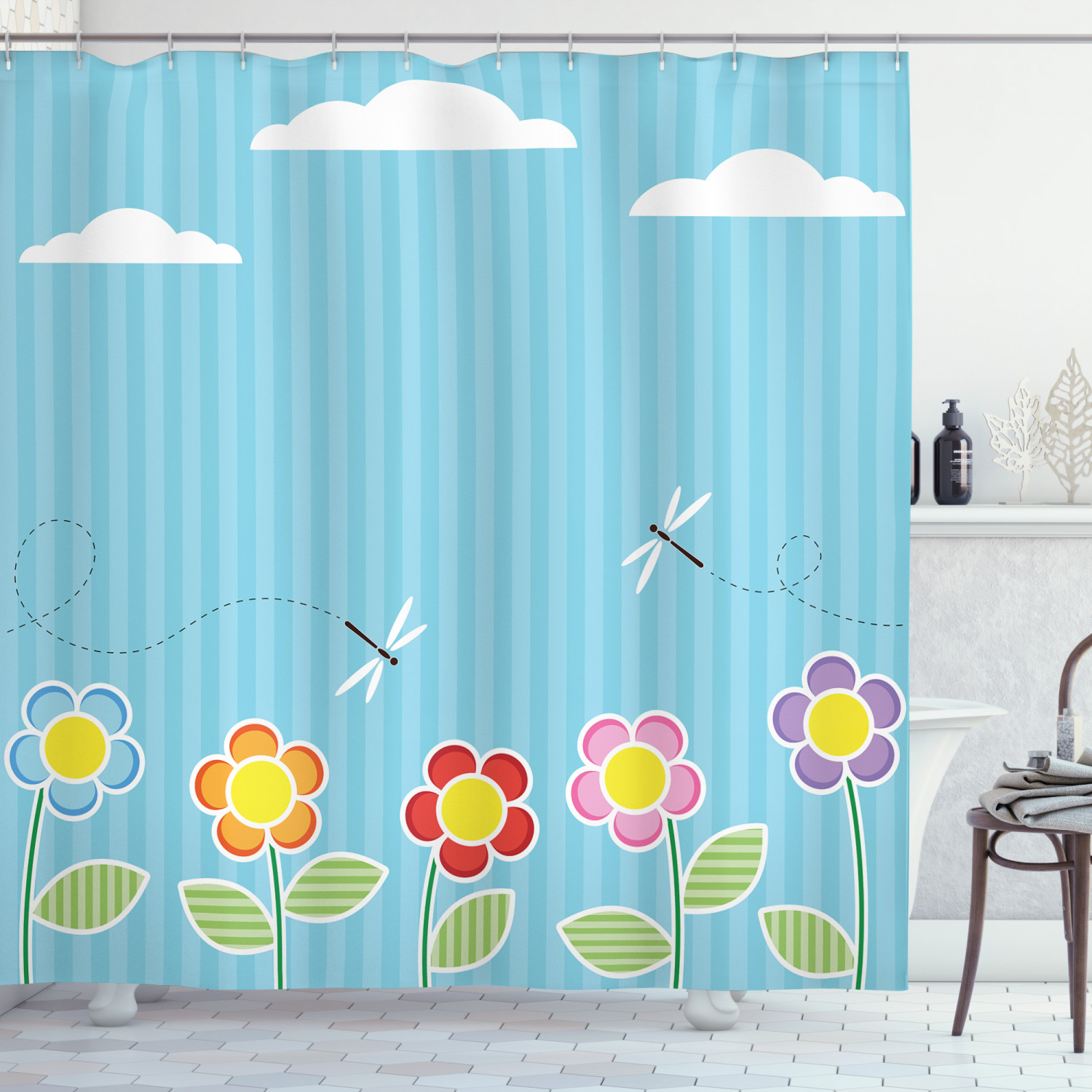 Daisy Bloom Cartoon Print Dragonfly Shower Curtain For A Happy Bath Time - Image 3