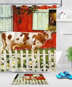 Daisy Cow Shower Curtain - Farmhouse Barn Fabric Country Style Curtain For A Rustic Bathroom Decor