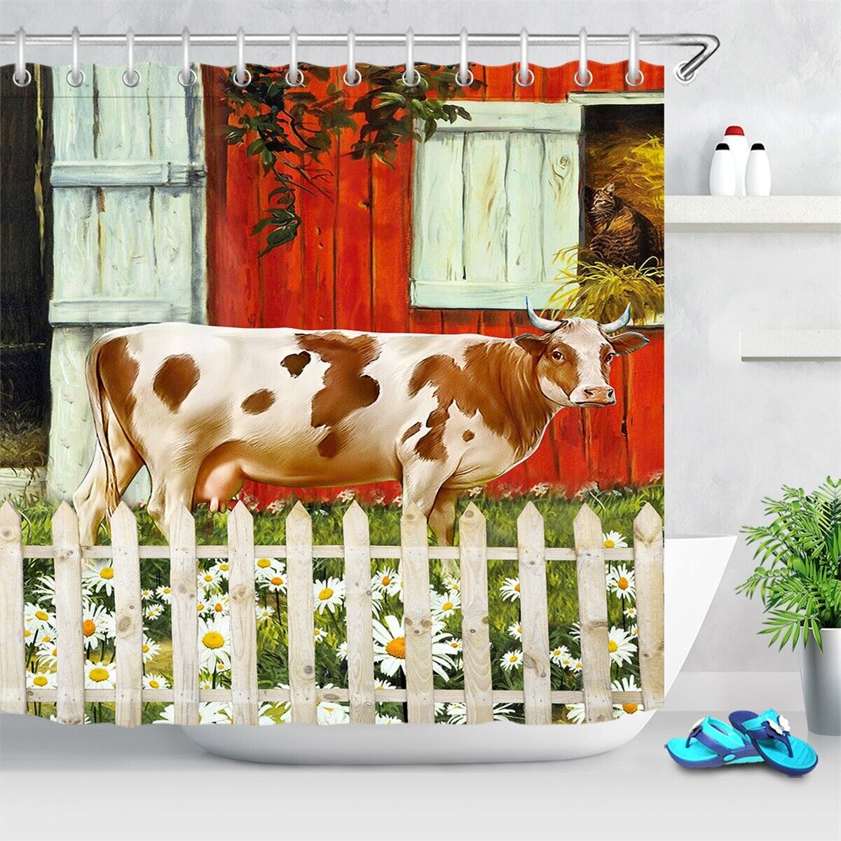 Daisy Cow Shower Curtain - Farmhouse Barn Fabric Country Style Curtain For A Rustic Bathroom Decor - Image 2