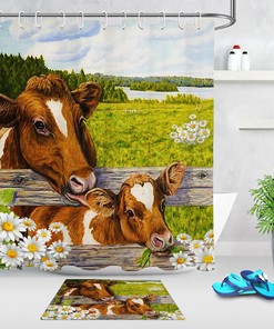 Daisy Cow Shower Curtain With Green Grass Background