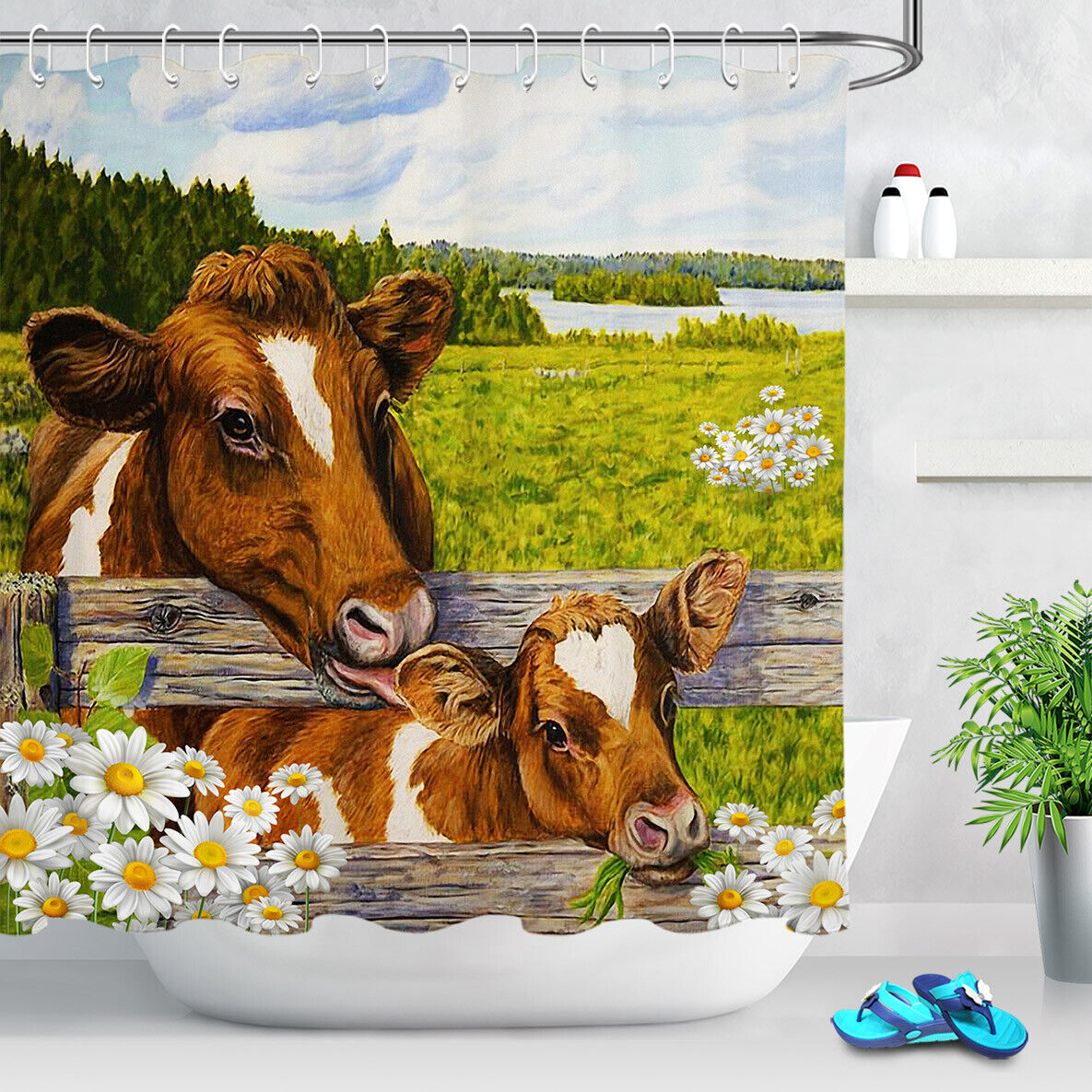 Daisy Cow Shower Curtain With Green Grass Background - Image 2