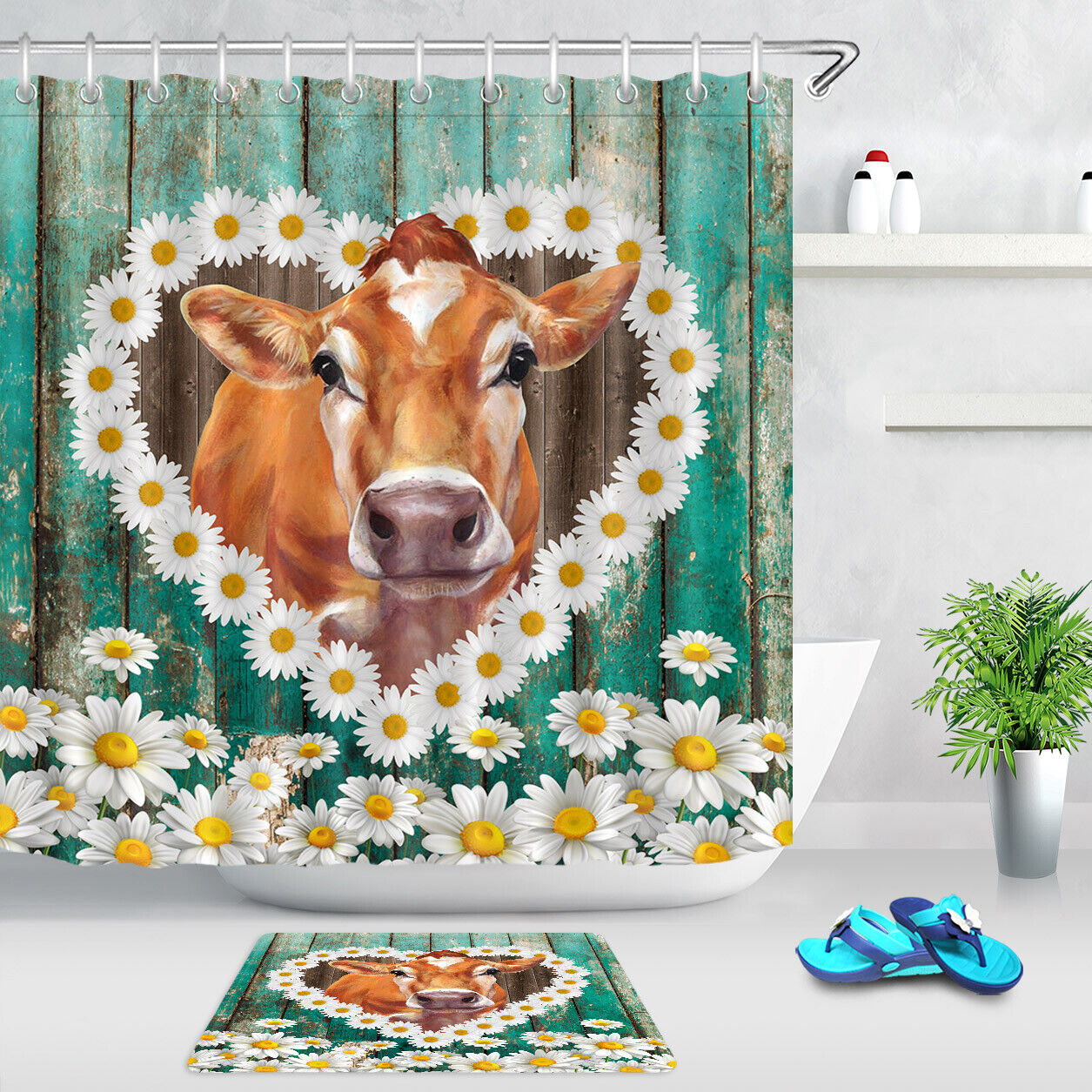 Daisy Cow Shower Curtain With Rustic Farmhouse Vibes