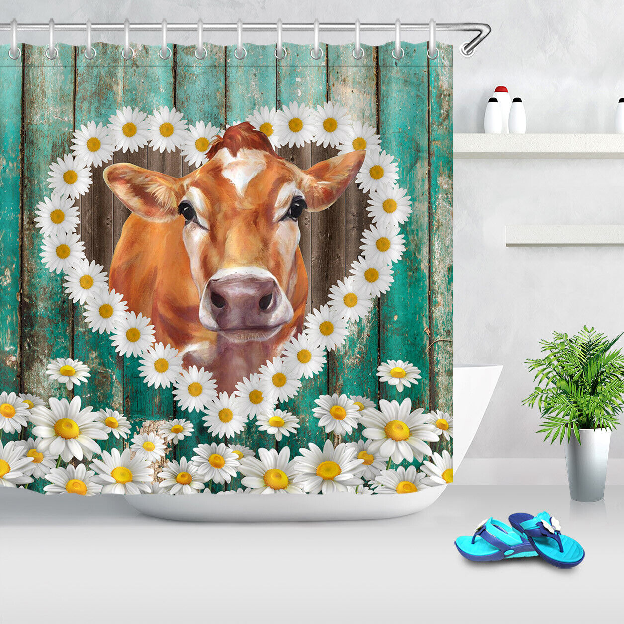 Daisy Cow Shower Curtain With Rustic Farmhouse Vibes - Image 2