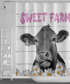 Daisy Floral Sweet Farm Animal Shower Curtain with Marble and Farmhouse Cow Design for Bathroom Decor