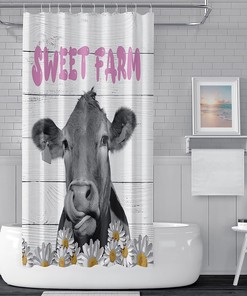 Daisy Floral Sweet Farm Animal Shower Curtain with Marble and Farmhouse Cow Design for Bathroom Decor