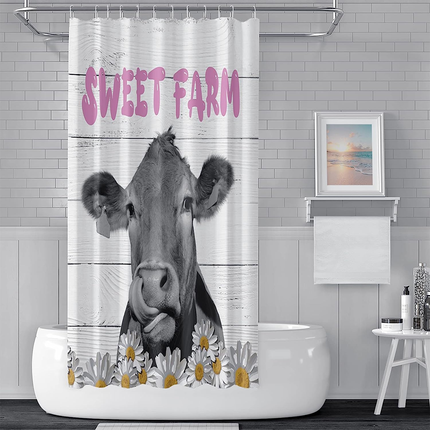 Daisy Floral Sweet Farm Animal Shower Curtain with Marble and Farmhouse Cow Design for Bathroom Decor