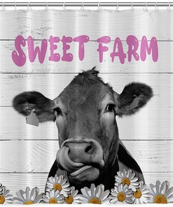 Daisy Floral Sweet Farm Animal Shower Curtain with Marble and Farmhouse Cow Design for Bathroom Decor