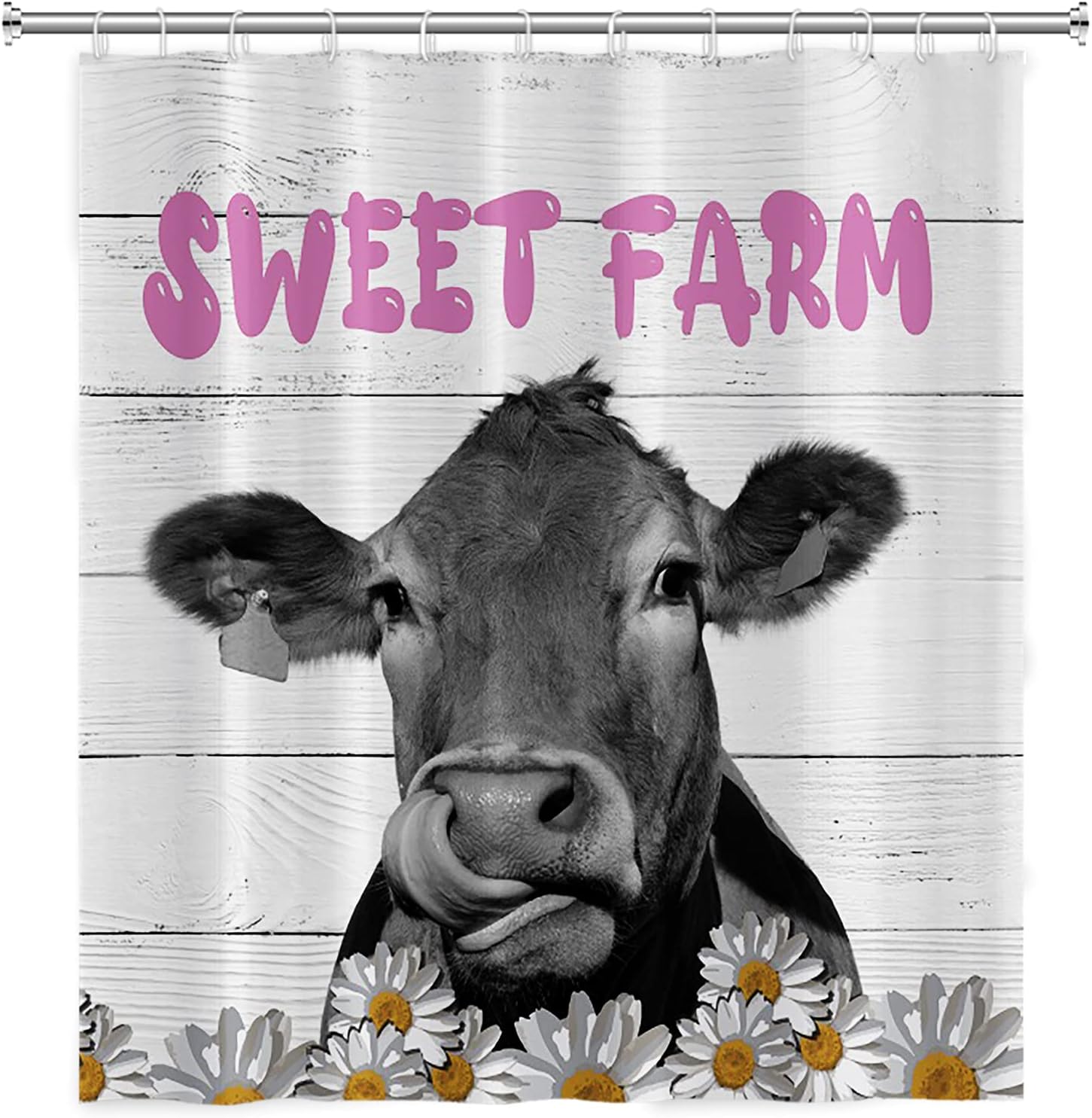 Daisy Floral Sweet Farm Animal Shower Curtain with Marble and Farmhouse Cow Design for Bathroom Decor