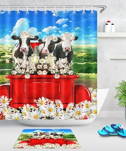 Daisy Flowers And Farm Cows Waterproof Fabric Shower Curtain With Vintage Print