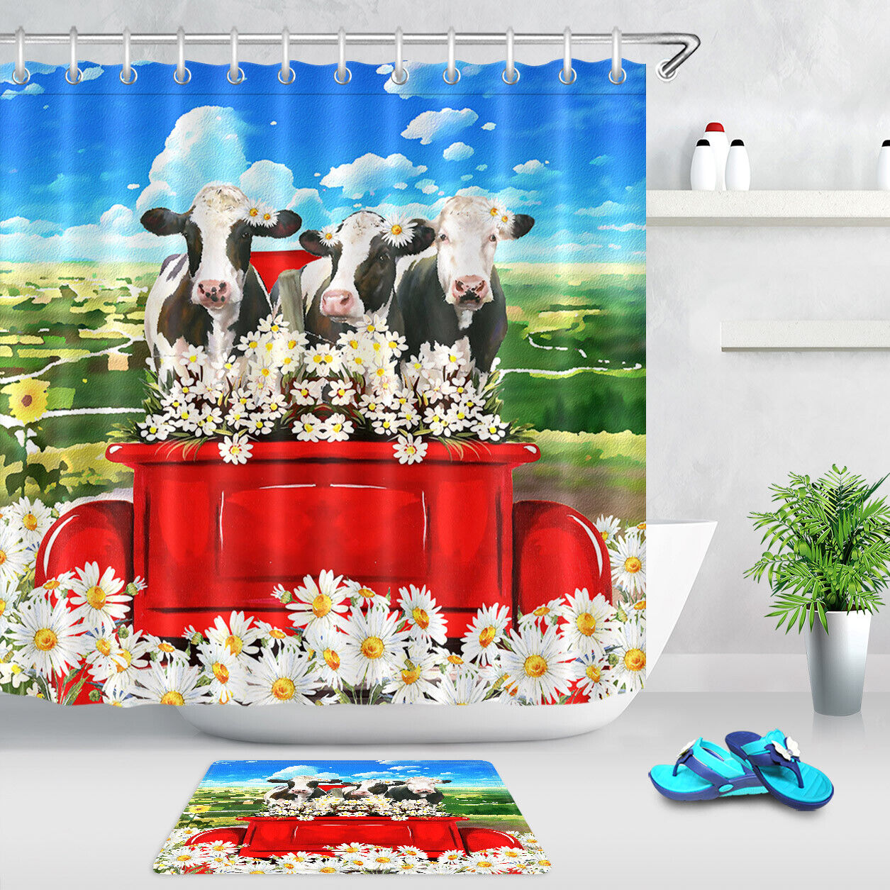 Daisy Flowers And Farm Cows Waterproof Fabric Shower Curtain With Vintage Print
