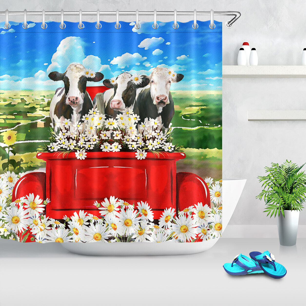 Daisy Flowers And Farm Cows Waterproof Fabric Shower Curtain With Vintage Print - Image 2