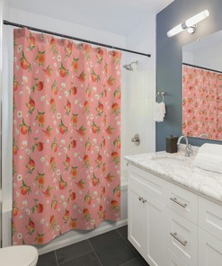 Daisy Printed Peach Shower Curtain with Pink and Orange Curtains