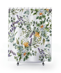 Daisy and Eucalyptus Print Shower Curtain for a Spring Floral Bathroom Theme