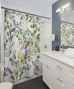 Daisy and Eucalyptus Print Shower Curtain for a Spring Floral Bathroom Theme