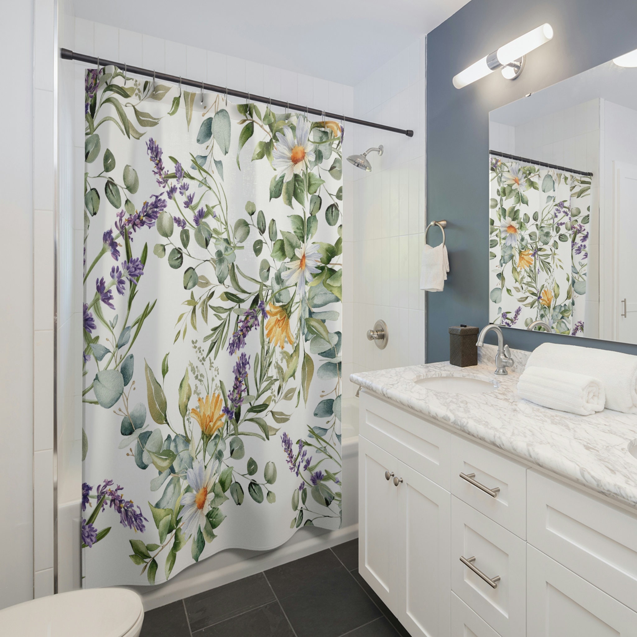 Daisy and Eucalyptus Print Shower Curtain for a Spring Floral Bathroom Theme