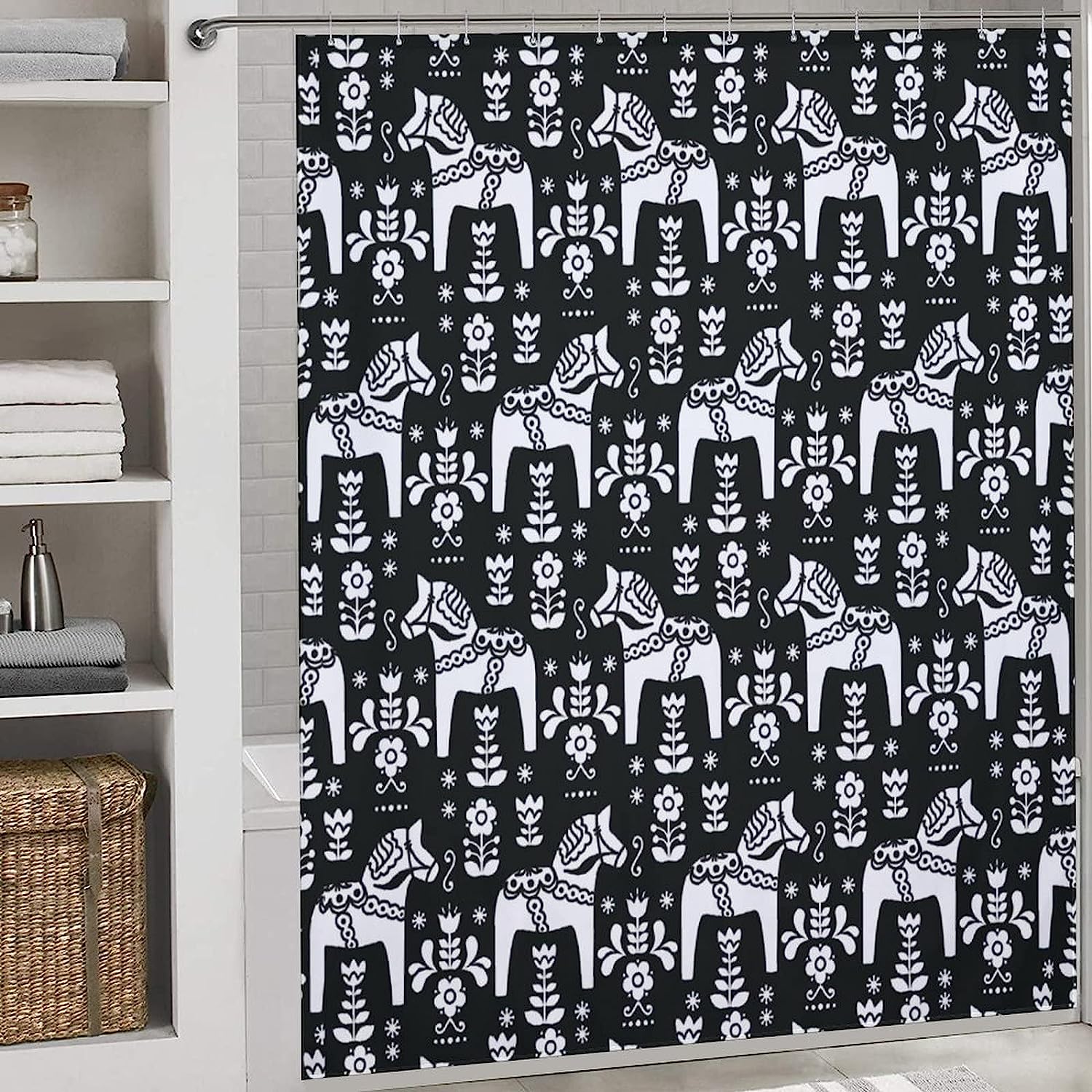 Dala Horse Print Shower Curtain in Swedish Folk Art Design for Bathroom Decor