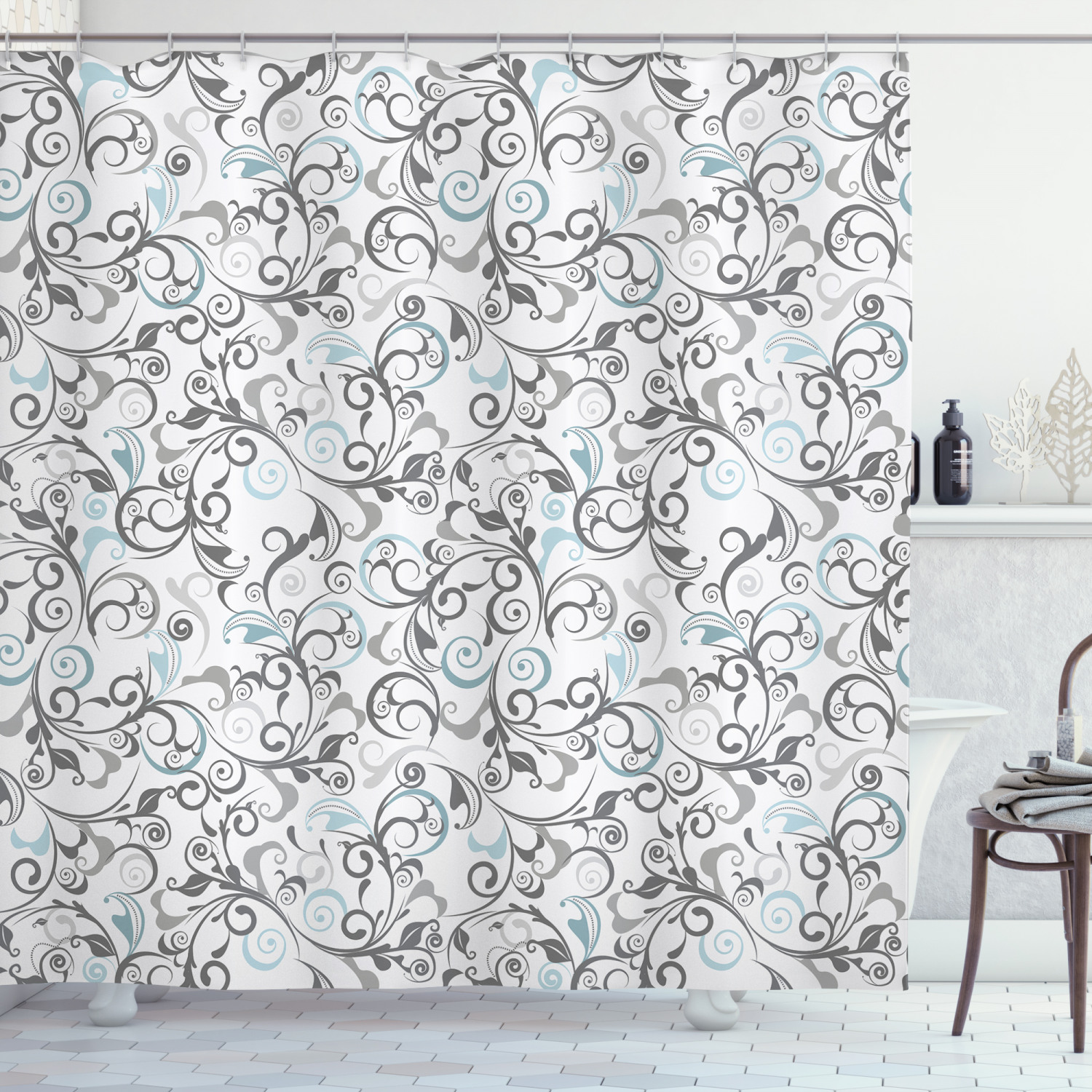 Damask Antique Curls Print Floral Shower Curtain, Add An Antique Touch To Your Bathroom