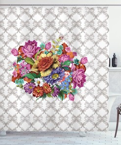 Damask Pattern Bouquet Print Floral Shower Curtain, For A Classic And Elegant Bathroom 