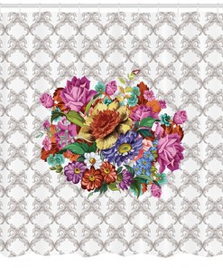 Damask Pattern Bouquet Print Floral Shower Curtain, For A Classic And Elegant Bathroom