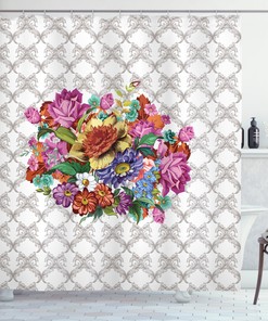 Damask Pattern Bouquet Print Floral Shower Curtain, For A Classic And Elegant Bathroom 