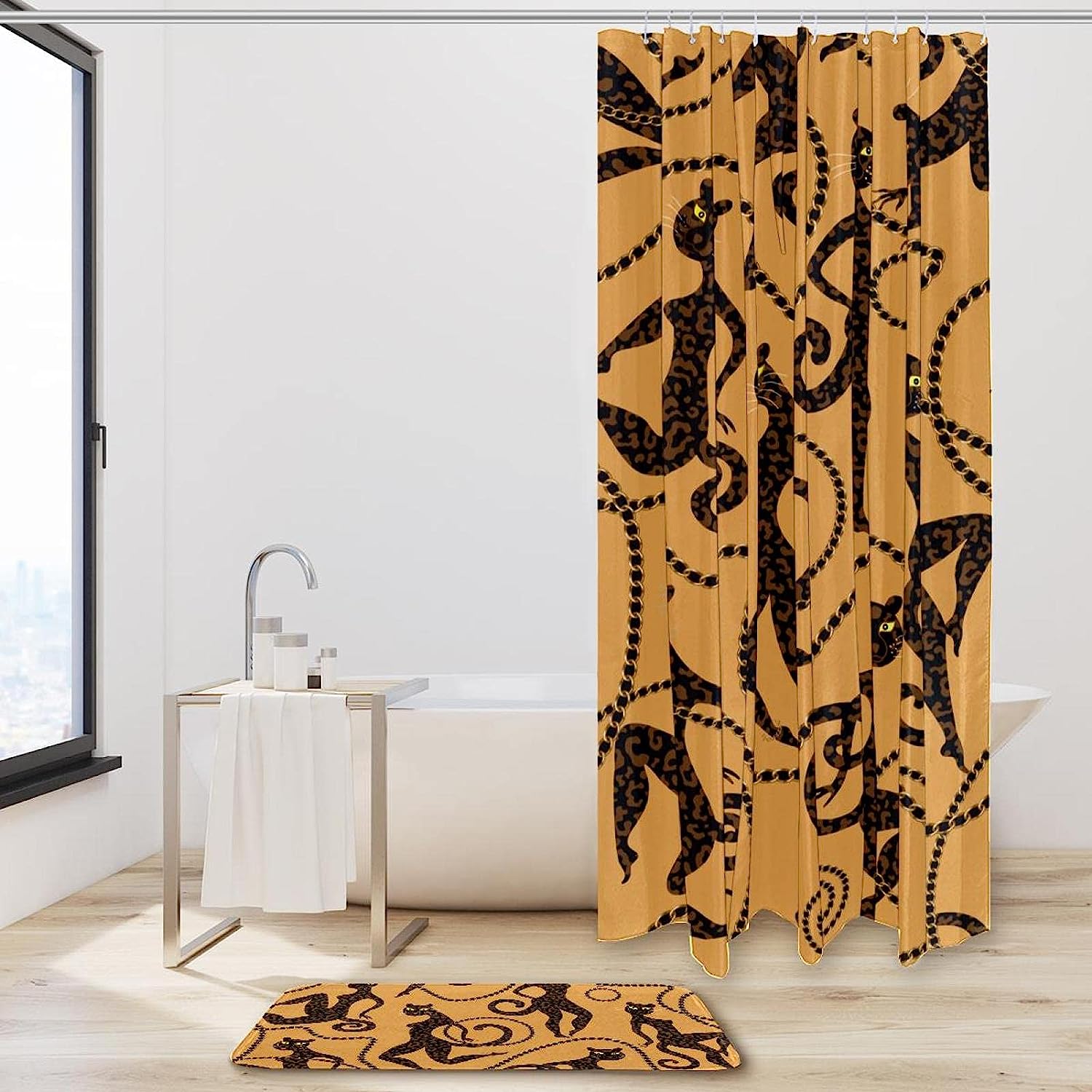 Dancing Leopard And Jaguar Female Print Shower Curtain Fabric For Boho Bathroom - Image 2