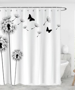 Dandelion Butterfly Print Restroom Shower Curtain With Modern Waterproof Fabric