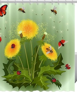 Dandelion and Ladybug Shower Curtain with Cute Butterfly, 72x72 - Unique Bathroom Decor
