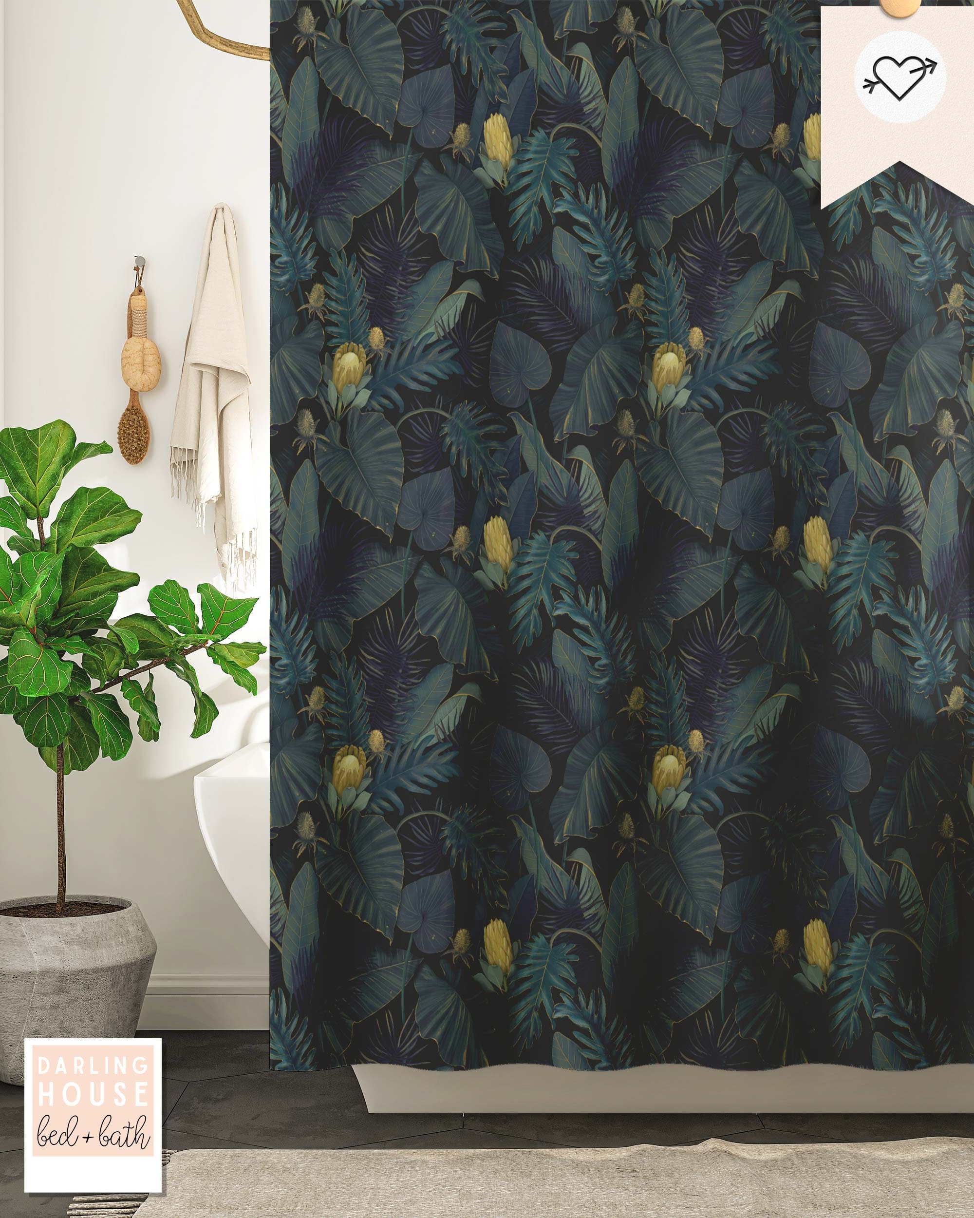 Dark Academia Jungle Plant Shower Curtain with Fern Leaves