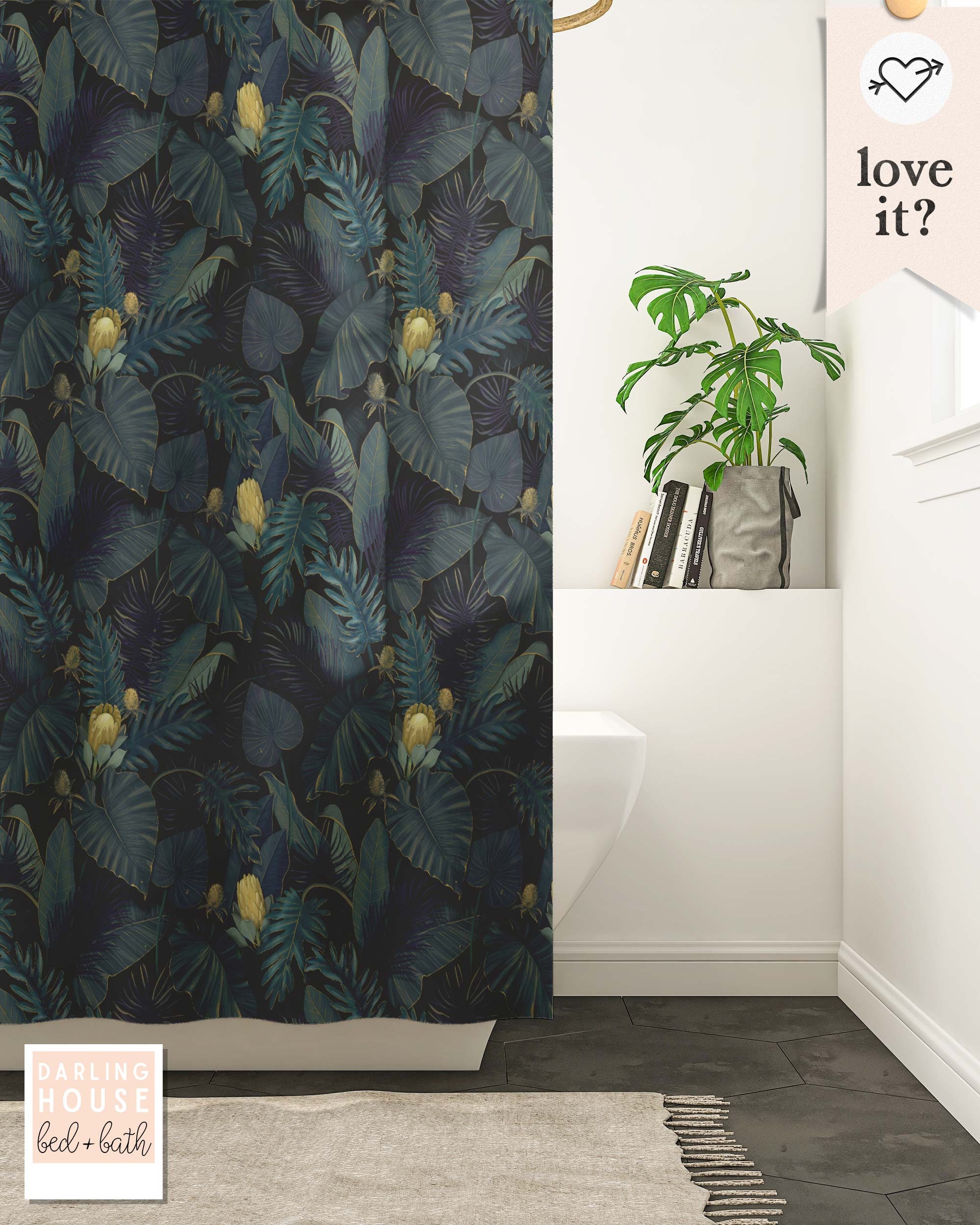 Dark Academia Jungle Plant Shower Curtain with Fern Leaves