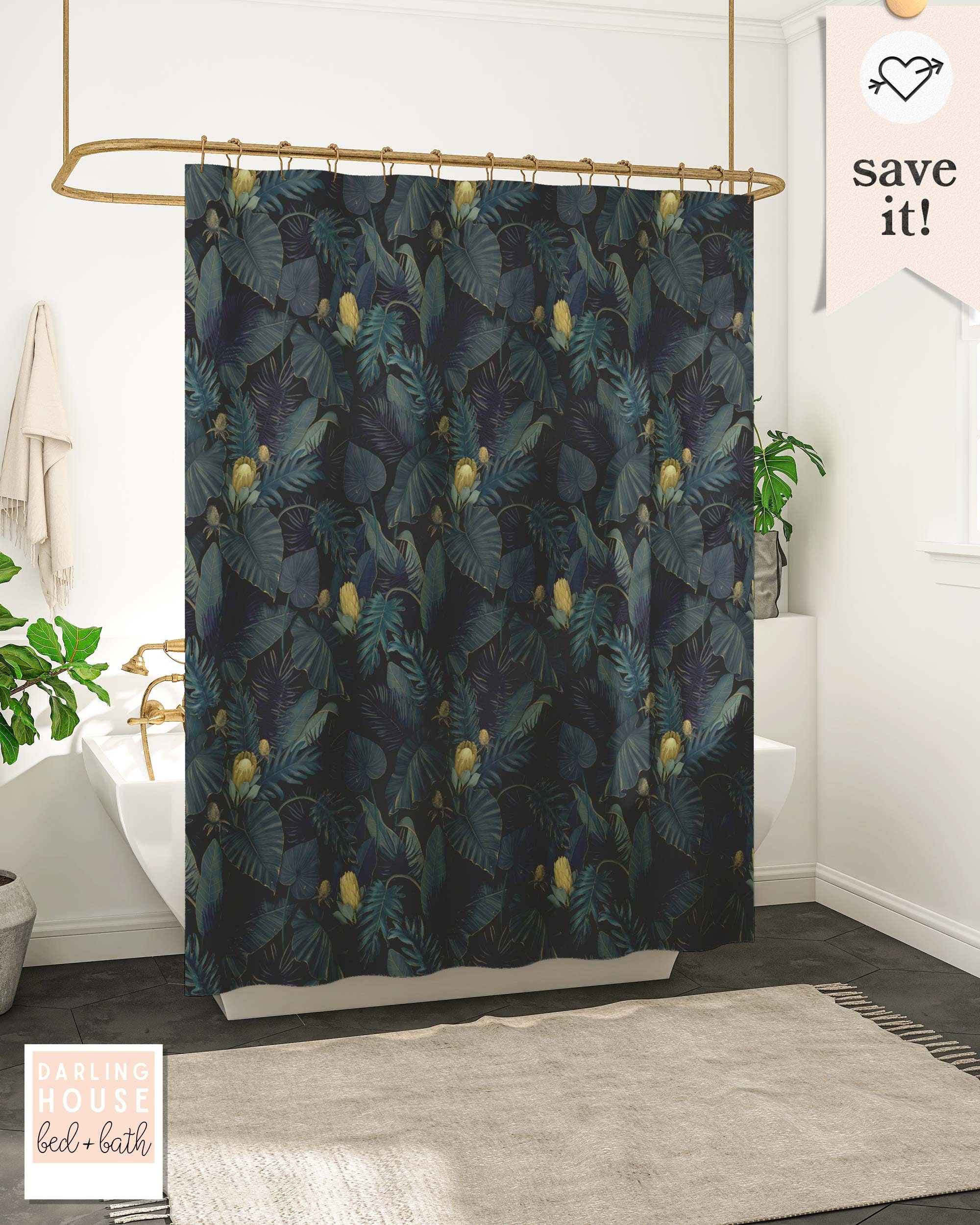 Dark Academia Jungle Plant Shower Curtain with Fern Leaves