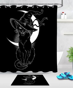 Dark And Mysterious Black Night Witch Hat Black Cat Shower Curtain Design For Spooky Bath