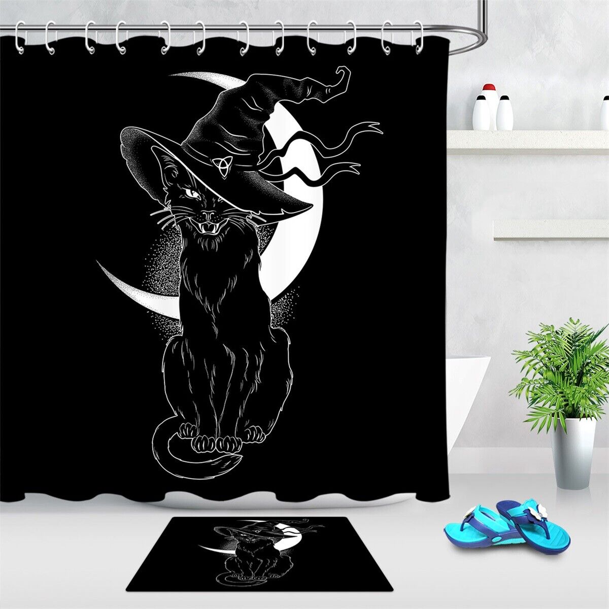 Dark And Mysterious Black Night Witch Hat Black Cat Shower Curtain Design For Spooky Bath