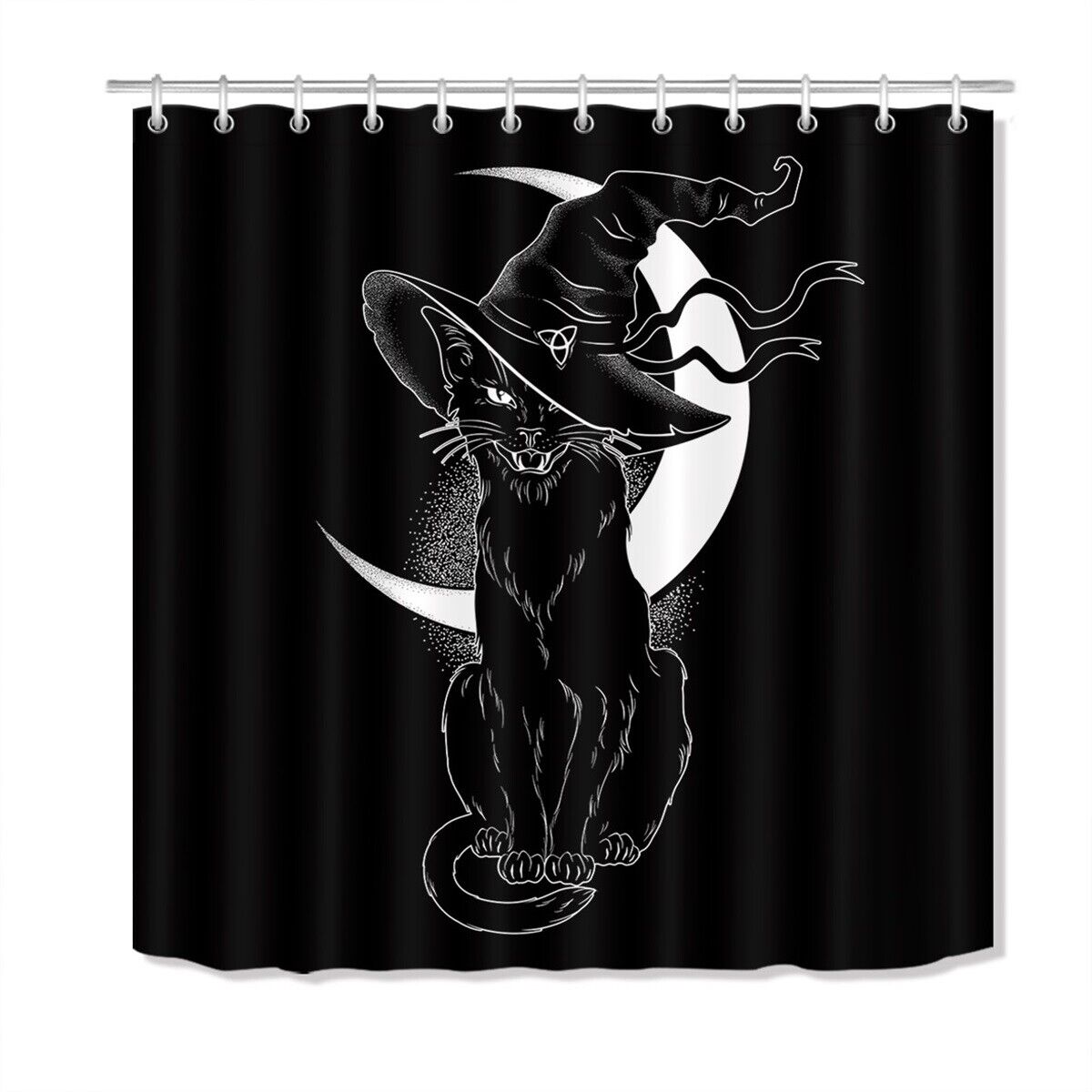Dark And Mysterious Black Night Witch Hat Black Cat Shower Curtain Design For Spooky Bath - Image 2