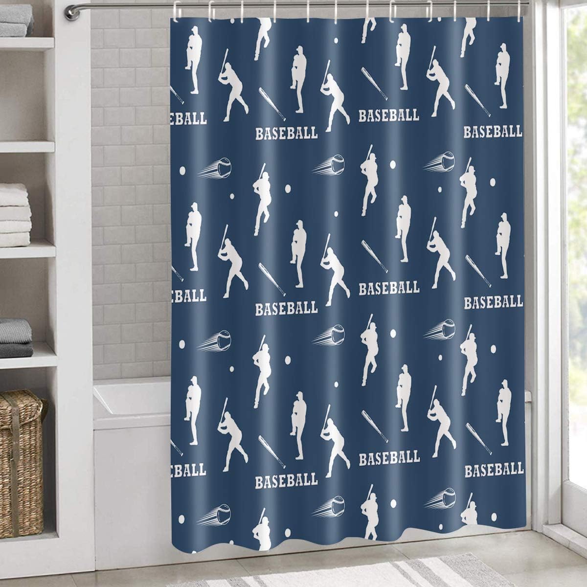 Dark Blue Baseball Bat Shower Curtain with Seamless Style for Sporty Bathroom Decor