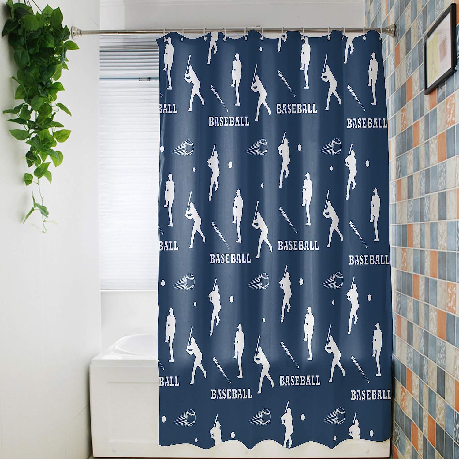 Dark Blue Baseball Bat Shower Curtain with Seamless Style for Sporty Bathroom Decor