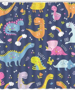 Dark Blue Cartoon Dinosaur Printed Shower Curtain For Children'S Bathroom Decor