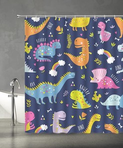 Dark Blue Cartoon Dinosaur Printed Shower Curtain For Children'S Bathroom Decor