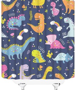 Dark Blue Cartoon Dinosaur Printed Shower Curtain For Children'S Bathroom Decor