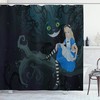 Dark Blue Charcoal Grey Alice Sitting On Branch And Cheshire Cat Cartoon Shower Curtain