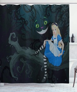 Dark Blue Charcoal Grey Alice Sitting On Branch And Cheshire Cat Cartoon Shower Curtain