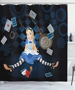 Dark Blue Charcoal Grey Grown Giant Girl Flying Cards And Rose Checkered Shower Curtain
