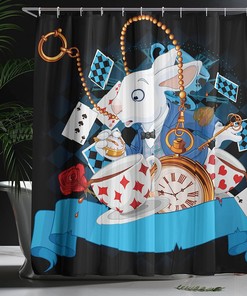 Dark Blue Charcoal Grey Rabbit Motion Cups Hearts And Flower Alice Cartoon Shower Curtain