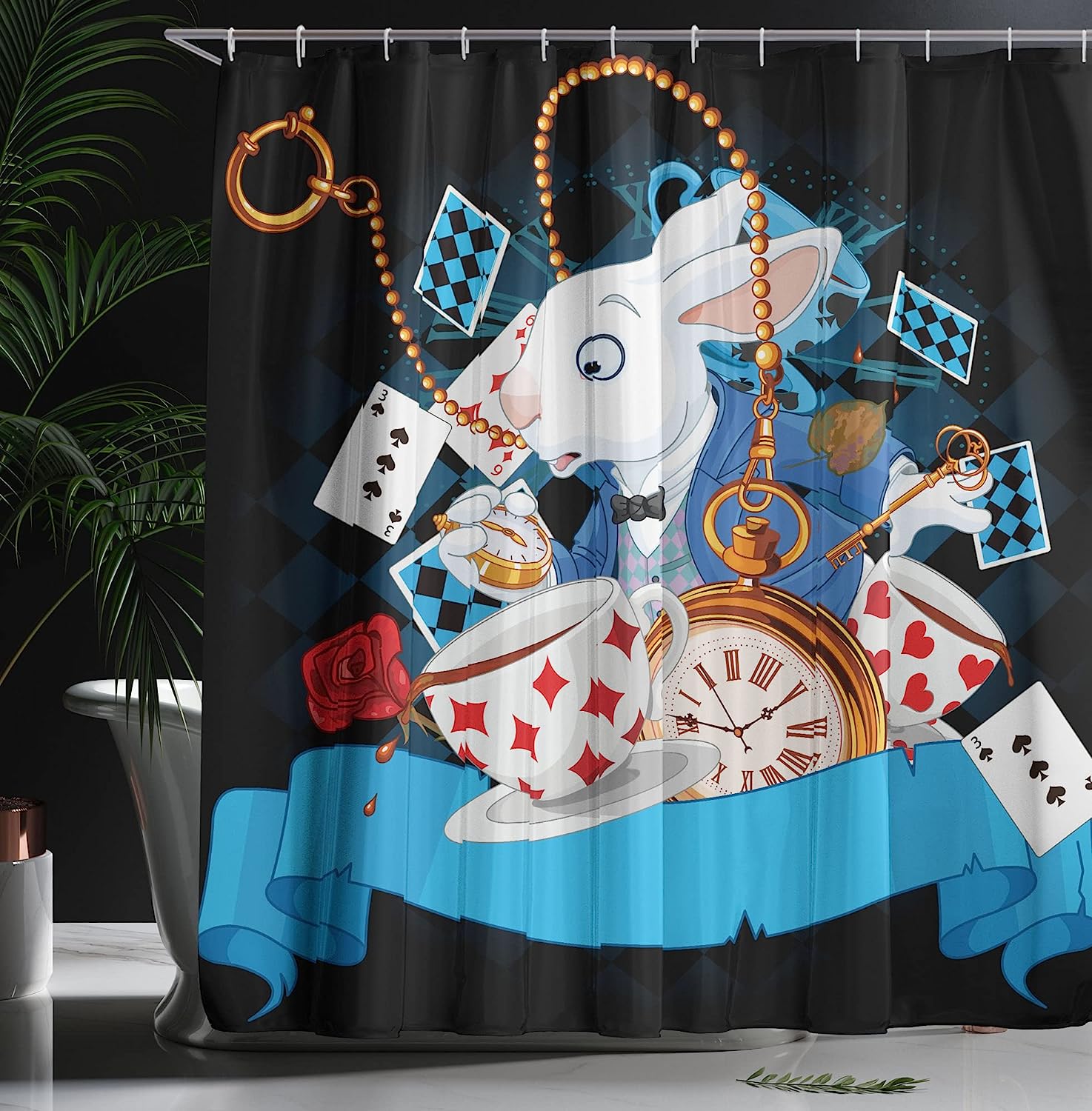 Dark Blue Charcoal Grey Rabbit Motion Cups Hearts And Flower Alice Cartoon Shower Curtain