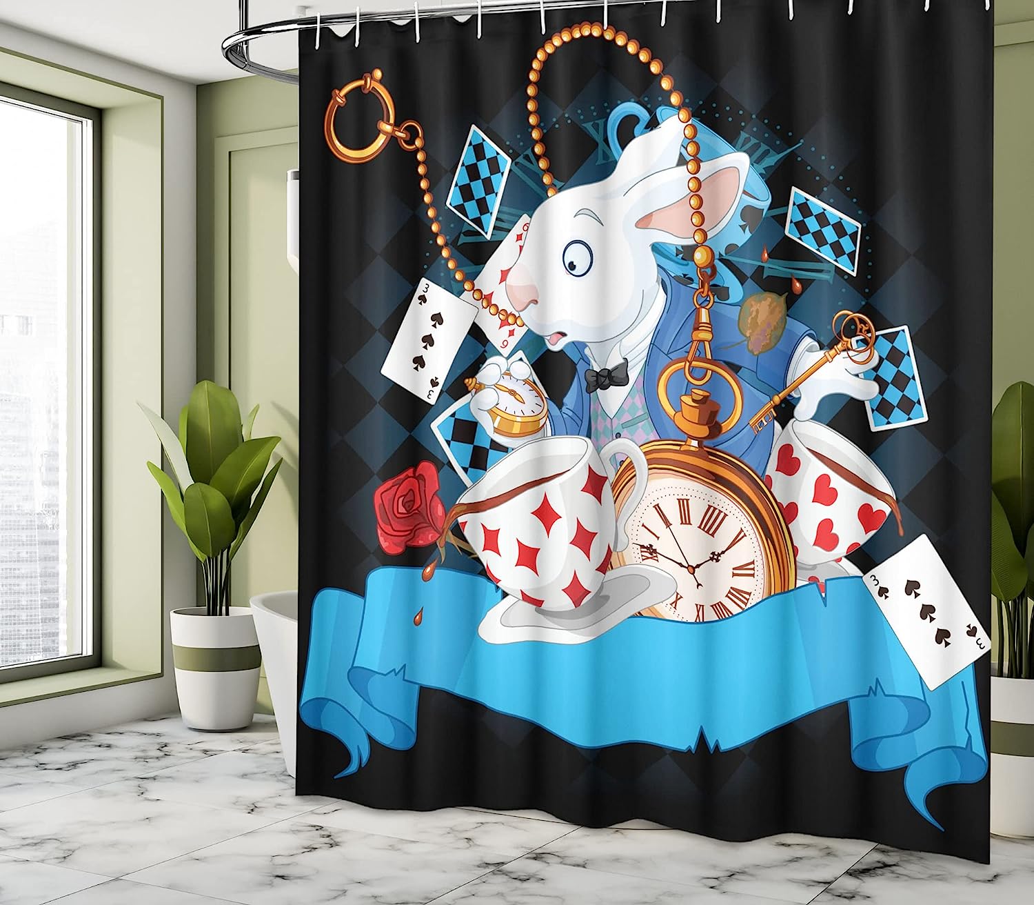 Dark Blue Charcoal Grey Rabbit Motion Cups Hearts And Flower Alice Cartoon Shower Curtain - Image 2