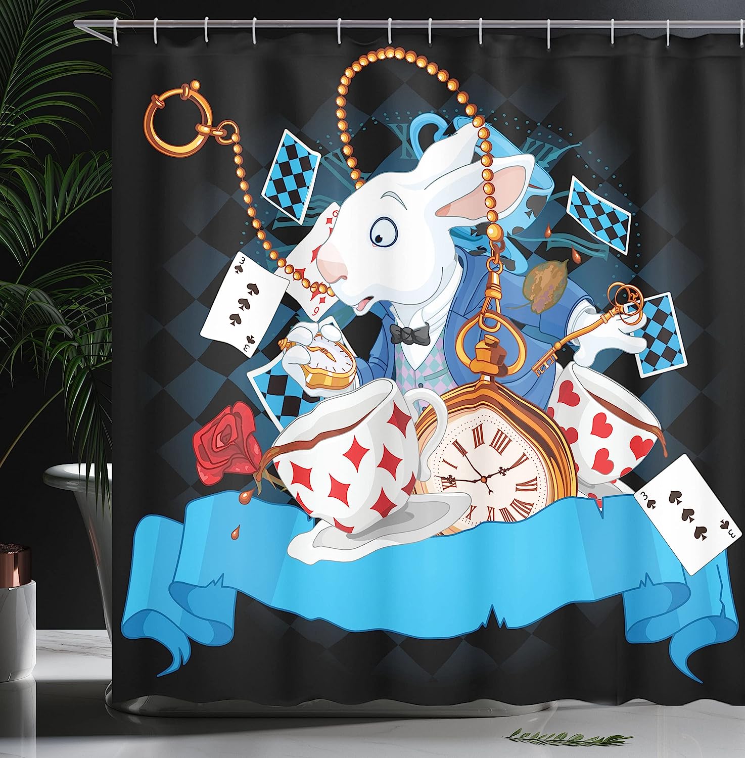 Dark Blue Charcoal Grey Rabbit Motion Cups Hearts And Flower Alice Cartoon Shower Curtain - Image 3