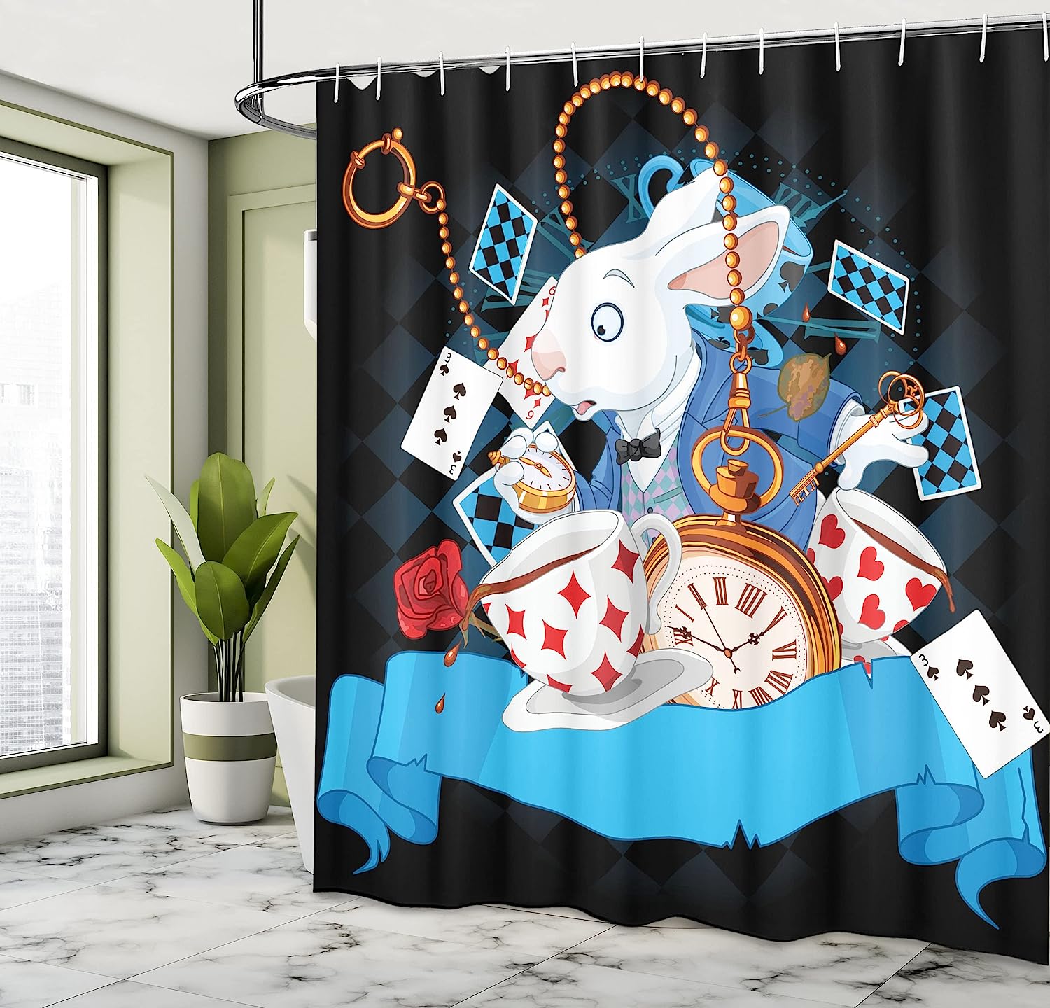Dark Blue Charcoal Grey Rabbit Motion Cups Hearts And Flower Alice Cartoon Shower Curtain - Image 4