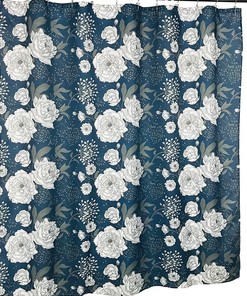 Dark Blue Floral Sketch Print Shower Curtain With Berries And Leaves For A Classic Bathroom Style
